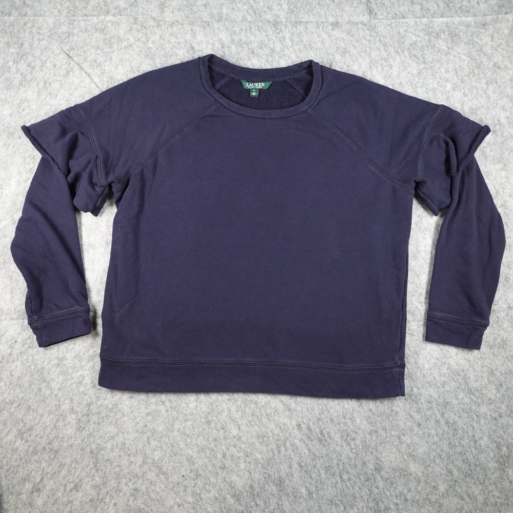 Ralph Lauren Sweatshirt Women Extra Large Navy Blue Ruffle‎ Sleeve Raglan Crew